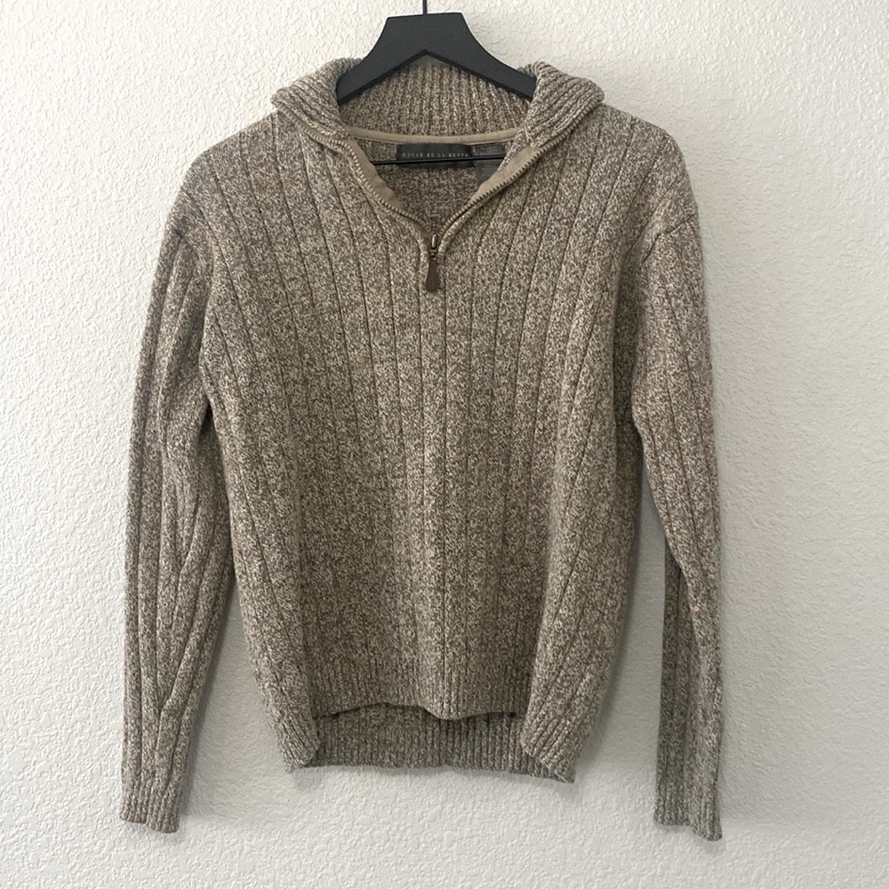 Oscar De La Renta Tan Ribbed Knit Half-Zip Mock Neck Sweater - Picture 2 of 6